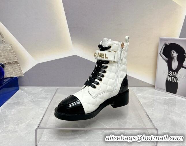 Best Product Chanel Quilted Lambskin Combat Lace-up Ankle Boots 4cm White 719092