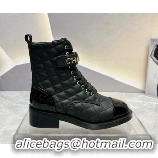 Best Grade Chanel Quilted Lambskin Combat Lace-up Ankle Boots 4cm Black 719093