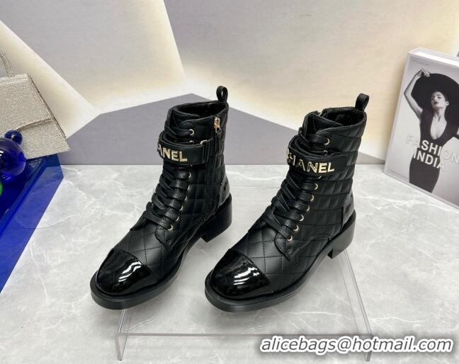 Best Grade Chanel Quilted Lambskin Combat Lace-up Ankle Boots 4cm Black 719093