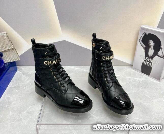 Best Grade Chanel Quilted Lambskin Combat Lace-up Ankle Boots 4cm Black 719093