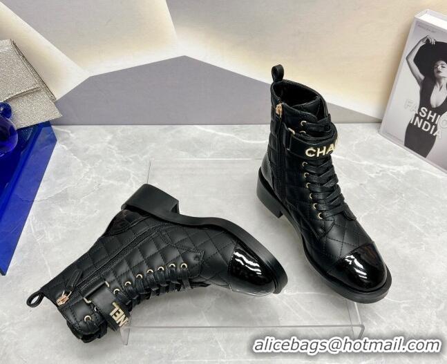 Best Grade Chanel Quilted Lambskin Combat Lace-up Ankle Boots 4cm Black 719093