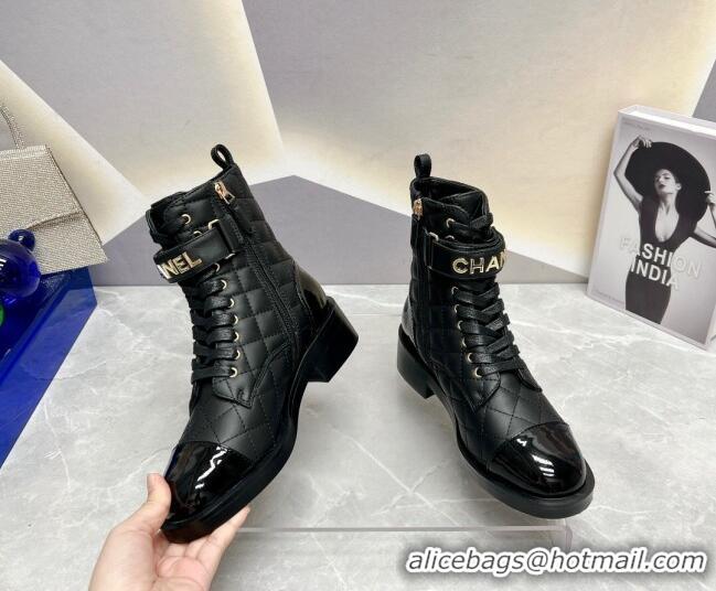 Best Grade Chanel Quilted Lambskin Combat Lace-up Ankle Boots 4cm Black 719093