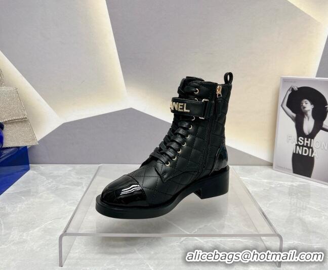 Best Grade Chanel Quilted Lambskin Combat Lace-up Ankle Boots 4cm Black 719093