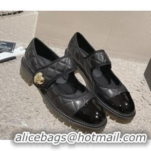 Lowest Price Chanel Quilted Lambskin & Patent Leather Mary Janes Loafers with Heart Strap Black 719094