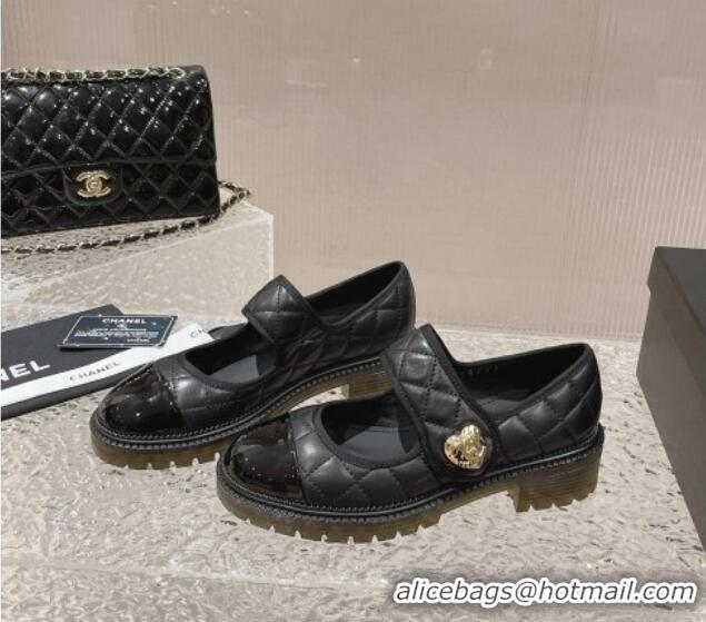 Lowest Price Chanel Quilted Lambskin & Patent Leather Mary Janes Loafers with Heart Strap Black 719094