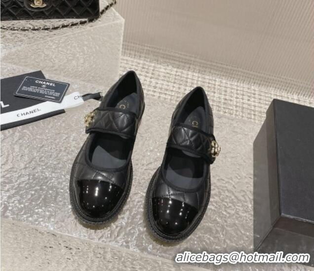 Lowest Price Chanel Quilted Lambskin & Patent Leather Mary Janes Loafers with Heart Strap Black 719094