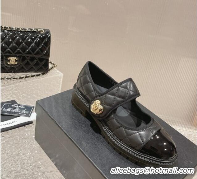 Lowest Price Chanel Quilted Lambskin & Patent Leather Mary Janes Loafers with Heart Strap Black 719094