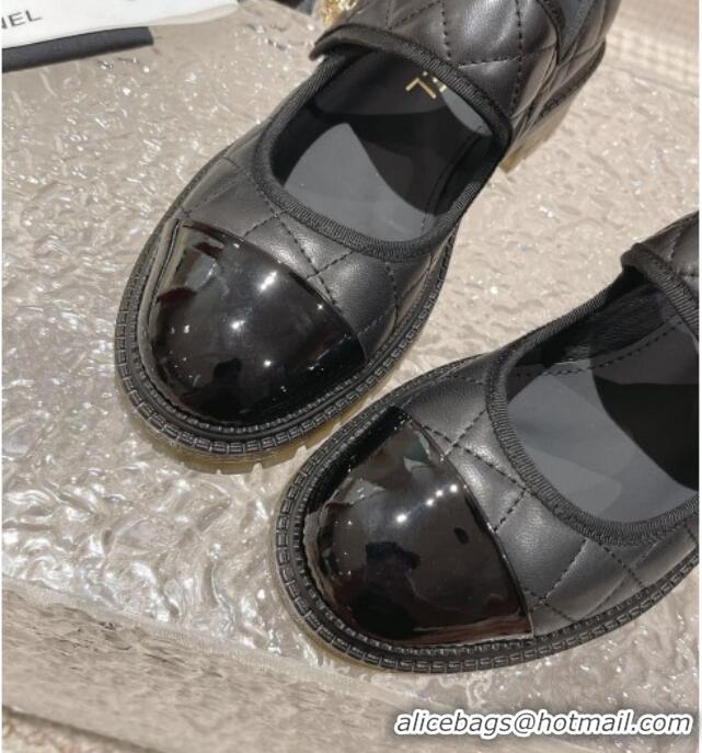 Lowest Price Chanel Quilted Lambskin & Patent Leather Mary Janes Loafers with Heart Strap Black 719094