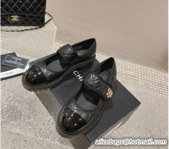 Lowest Price Chanel Quilted Lambskin & Patent Leather Mary Janes Loafers with Heart Strap Black 719094