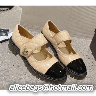 Purchase Chanel Quilted Lambskin & Patent Leather Mary Janes Loafers with Heart Strap 719094 Beige