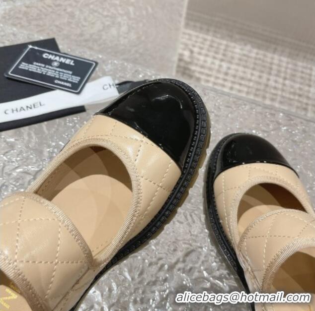 Purchase Chanel Quilted Lambskin & Patent Leather Mary Janes Loafers with Heart Strap 719094 Beige