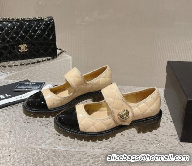 Purchase Chanel Quilted Lambskin & Patent Leather Mary Janes Loafers with Heart Strap 719094 Beige