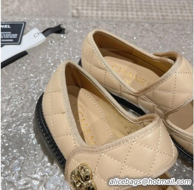 Purchase Chanel Quilted Lambskin & Patent Leather Mary Janes Loafers with Heart Strap 719094 Beige