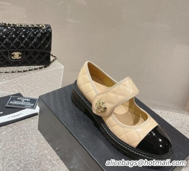 Purchase Chanel Quilted Lambskin & Patent Leather Mary Janes Loafers with Heart Strap 719094 Beige