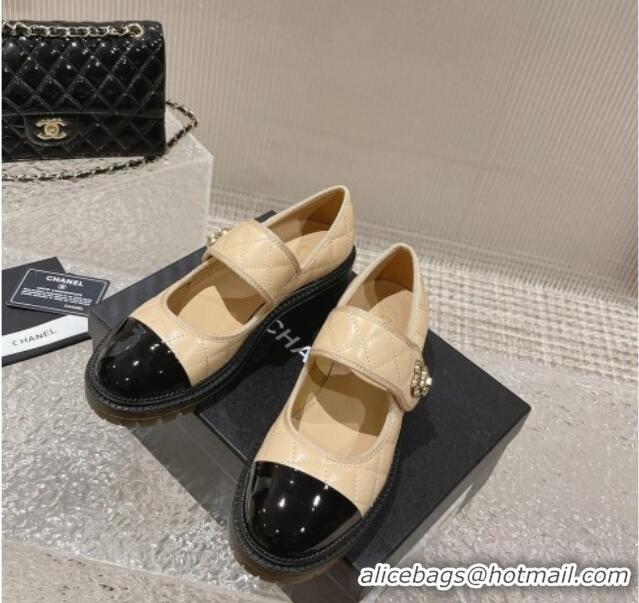 Purchase Chanel Quilted Lambskin & Patent Leather Mary Janes Loafers with Heart Strap 719094 Beige