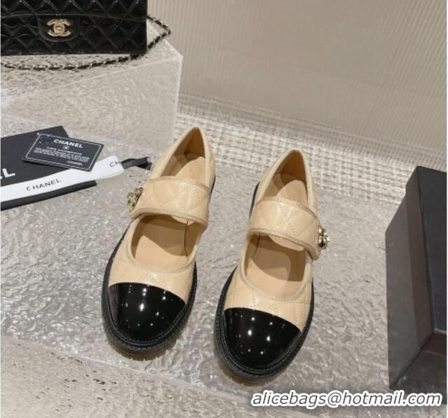 Purchase Chanel Quilted Lambskin & Patent Leather Mary Janes Loafers with Heart Strap 719094 Beige