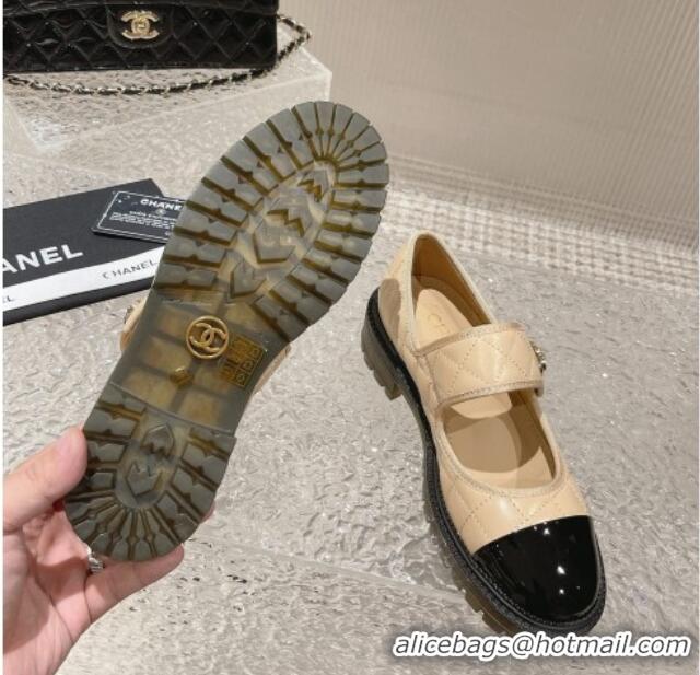 Purchase Chanel Quilted Lambskin & Patent Leather Mary Janes Loafers with Heart Strap 719094 Beige