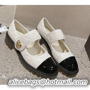 Pretty Style Chanel Quilted Lambskin & Patent Leather Mary Janes Loafers with Heart Strap 719094 White