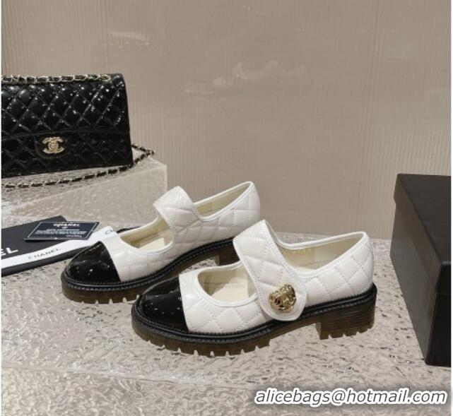 Pretty Style Chanel Quilted Lambskin & Patent Leather Mary Janes Loafers with Heart Strap 719094 White