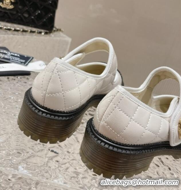 Pretty Style Chanel Quilted Lambskin & Patent Leather Mary Janes Loafers with Heart Strap 719094 White