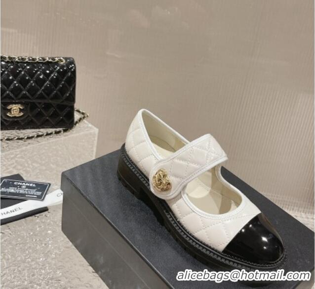 Pretty Style Chanel Quilted Lambskin & Patent Leather Mary Janes Loafers with Heart Strap 719094 White