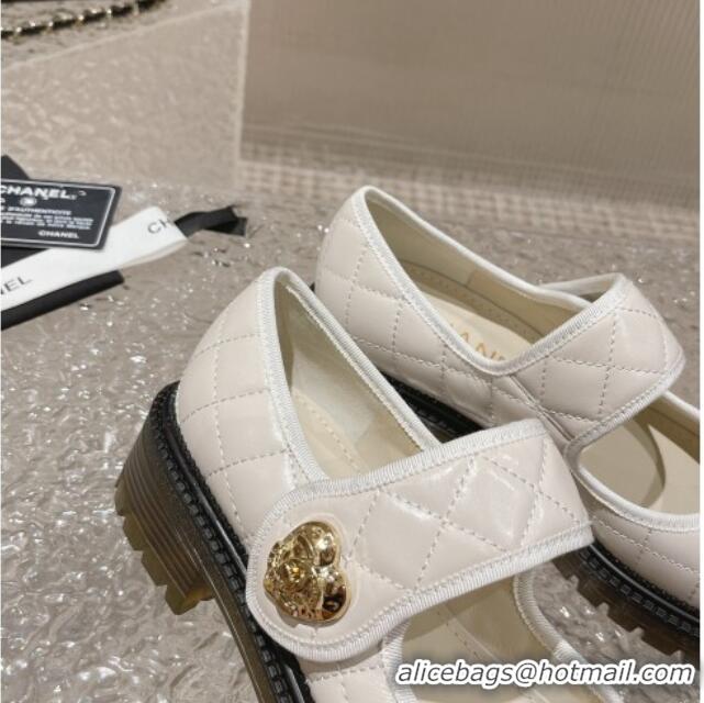 Pretty Style Chanel Quilted Lambskin & Patent Leather Mary Janes Loafers with Heart Strap 719094 White