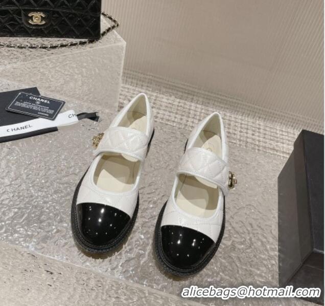 Pretty Style Chanel Quilted Lambskin & Patent Leather Mary Janes Loafers with Heart Strap 719094 White