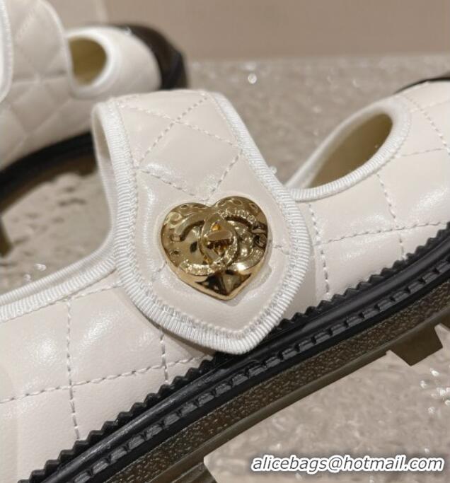 Pretty Style Chanel Quilted Lambskin & Patent Leather Mary Janes Loafers with Heart Strap 719094 White