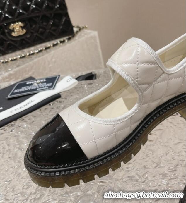 Pretty Style Chanel Quilted Lambskin & Patent Leather Mary Janes Loafers with Heart Strap 719094 White