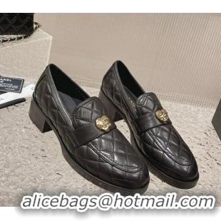 Grade Quality Chanel Heart Quilted Lambskin Loafers Black 719098