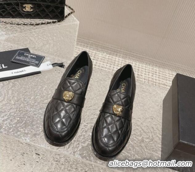 Grade Quality Chanel Heart Quilted Lambskin Loafers Black 719098