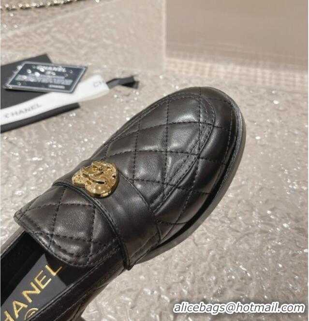 Grade Quality Chanel Heart Quilted Lambskin Loafers Black 719098