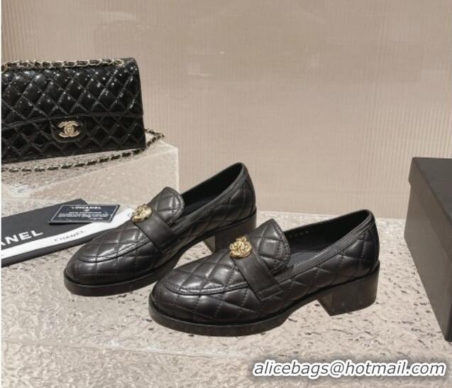 Grade Quality Chanel Heart Quilted Lambskin Loafers Black 719098