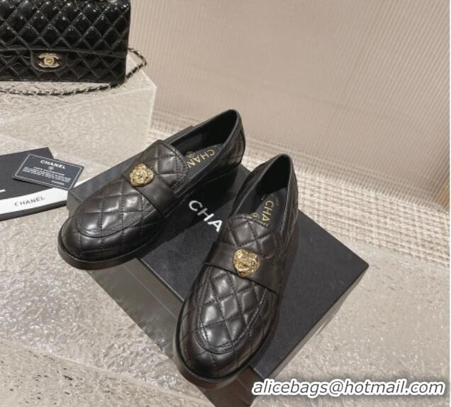 Grade Quality Chanel Heart Quilted Lambskin Loafers Black 719098