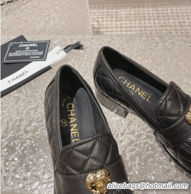 Grade Quality Chanel Heart Quilted Lambskin Loafers Black 719098