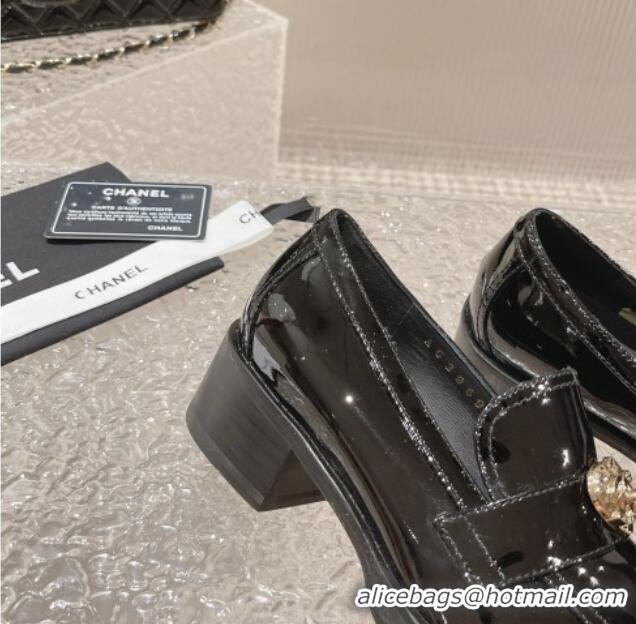 Good Looking Chanel Heart Patent Leather Loafers Black 719099