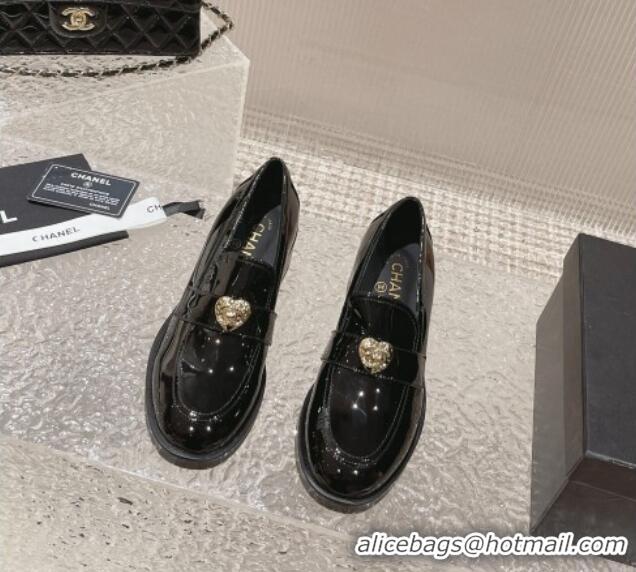 Good Looking Chanel Heart Patent Leather Loafers Black 719099