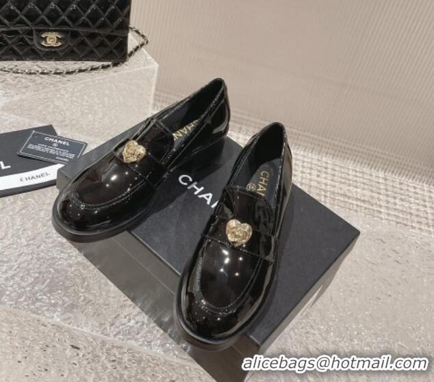 Good Looking Chanel Heart Patent Leather Loafers Black 719099