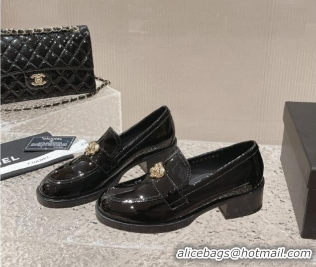 Good Looking Chanel Heart Patent Leather Loafers Black 719099