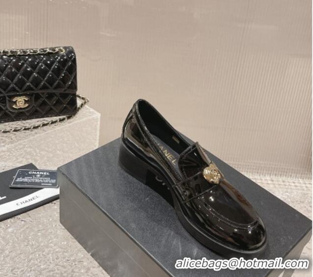 Good Looking Chanel Heart Patent Leather Loafers Black 719099