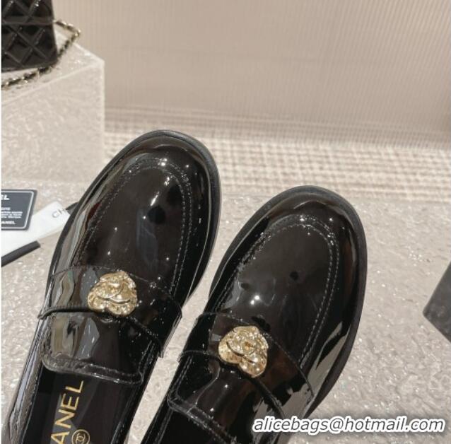 Good Looking Chanel Heart Patent Leather Loafers Black 719099