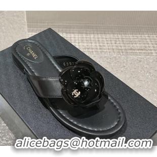 Top Grade Chanel Calfskin Camellia Flat Thong Slide Sandals Black 719100