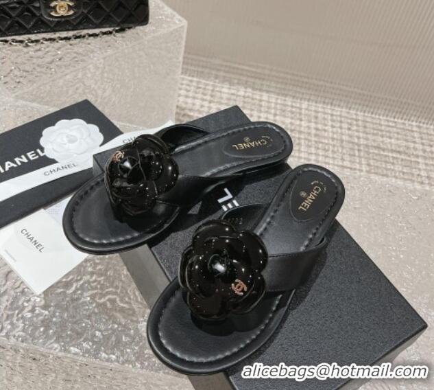 Top Grade Chanel Calfskin Camellia Flat Thong Slide Sandals Black 719100