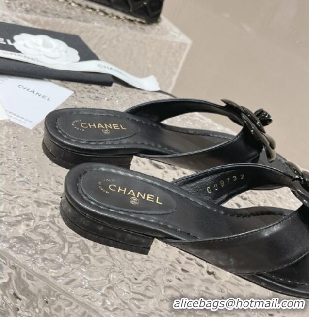 Top Grade Chanel Calfskin Camellia Flat Thong Slide Sandals Black 719100