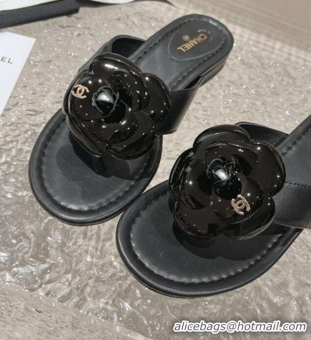 Top Grade Chanel Calfskin Camellia Flat Thong Slide Sandals Black 719100