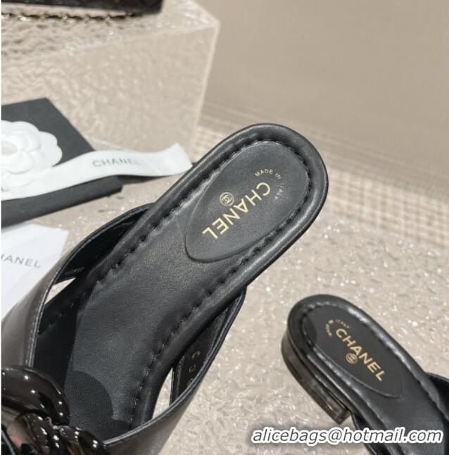 Top Grade Chanel Calfskin Camellia Flat Thong Slide Sandals Black 719100