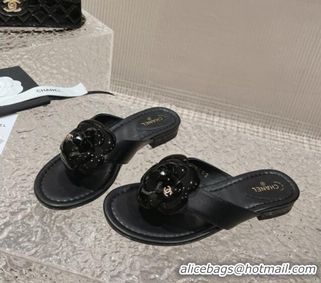 Top Grade Chanel Calfskin Camellia Flat Thong Slide Sandals Black 719100