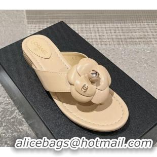 Good Quality Chanel Calfskin Camellia Flat Thong Slide Sandals Nude 719101