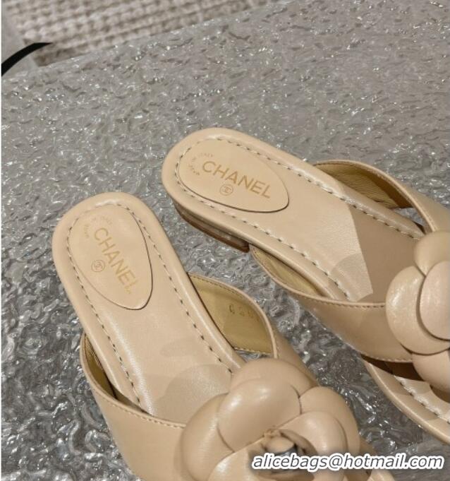 Good Quality Chanel Calfskin Camellia Flat Thong Slide Sandals Nude 719101