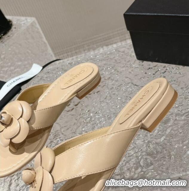 Good Quality Chanel Calfskin Camellia Flat Thong Slide Sandals Nude 719101